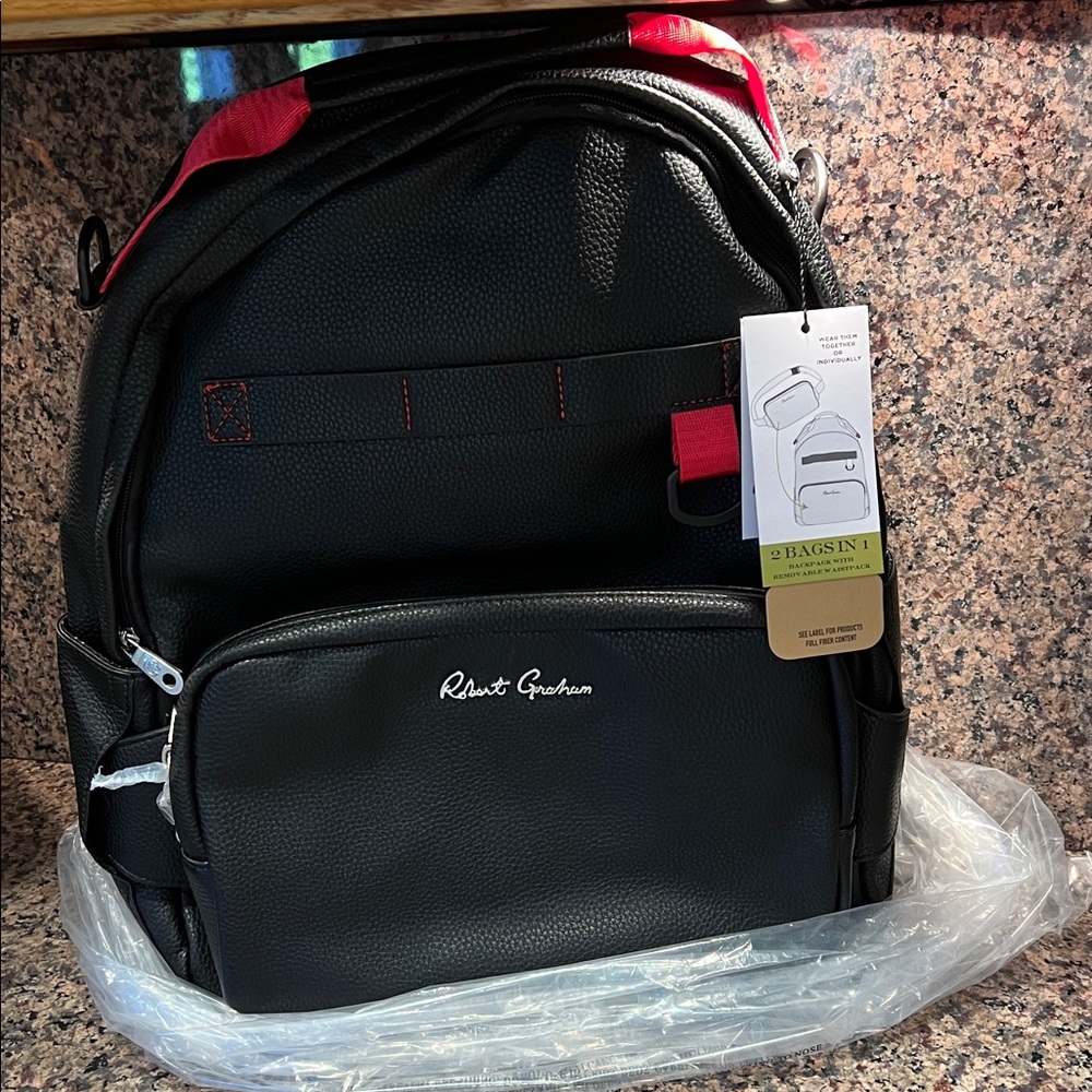 Robert Graham Black Backpack with Red Highlights. Two pcs. in one. Skull on back